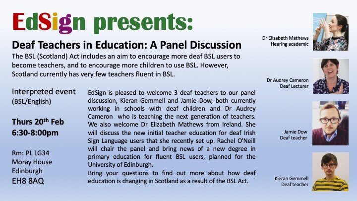 EdSign Lectures (@edsignlectures) on Twitter photo Join us tonight 6:30pm <a href="/MorayHouse/">Moray House School of Education and Sport</a> for panel discussion on Deaf Teachers In Education <a href="/RachelONeill4/">Rachel O'Neill</a> <a href="/DeafEdIreland/">Dr Elizabeth Mathews</a> <a href="/MrDow88/">Mr Dow</a> <a href="/aud2526/">Dr Audrey Cameron, OBE, HonFRSC</a> live-stream link: youtu.be/JvUerAcNdD0 #deafeducation #deafteachers #teachersofthedeaf #TODs #BSL #barriersineducation #BSLscotland Join us tonight 6:30pm <a href="/MorayHouse/">Moray House School of Education and Sport</a> for panel discussion on Deaf Teachers In Education <a href="/RachelONeill4/">Rachel O'Neill</a> <a href="/DeafEdIreland/">Dr Elizabeth Mathews</a> <a href="/MrDow88/">Mr Dow</a> <a href="/aud2526/">Dr Audrey Cameron, OBE, HonFRSC</a> live-stream link: youtu.be/JvUerAcNdD0 #deafeducation #deafteachers #teachersofthedeaf #TODs #BSL #barriersineducation #BSLscotland