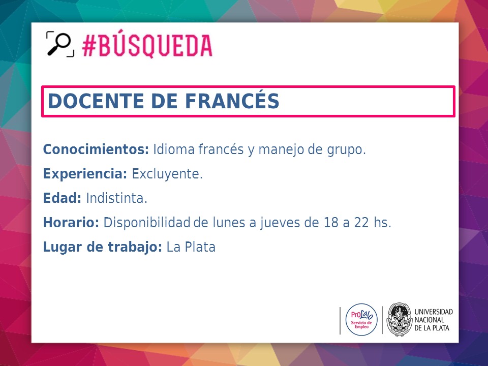GraduadosUNLP's tweet photo. 📣📣¡Oferta Laboral del día!

Buscamos Profesor/a de Francés para importante Institución Educativa de la Ciudad.

Si estás interesado/a podés enviarnos tu CV a prolab@presi.unlp.edu.ar, con asunto "Docente de Francés"

#UNLP
#ofertalaboral
#trabajo
#empleo https://t.co/MhIcWut8A3