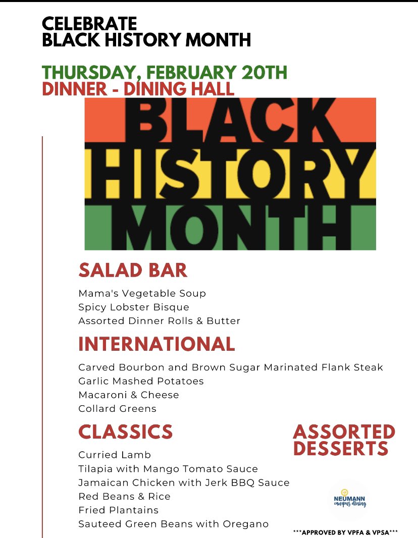 NeumannUDining's tweet image. Join us tonight for our Black History Month dinner!!