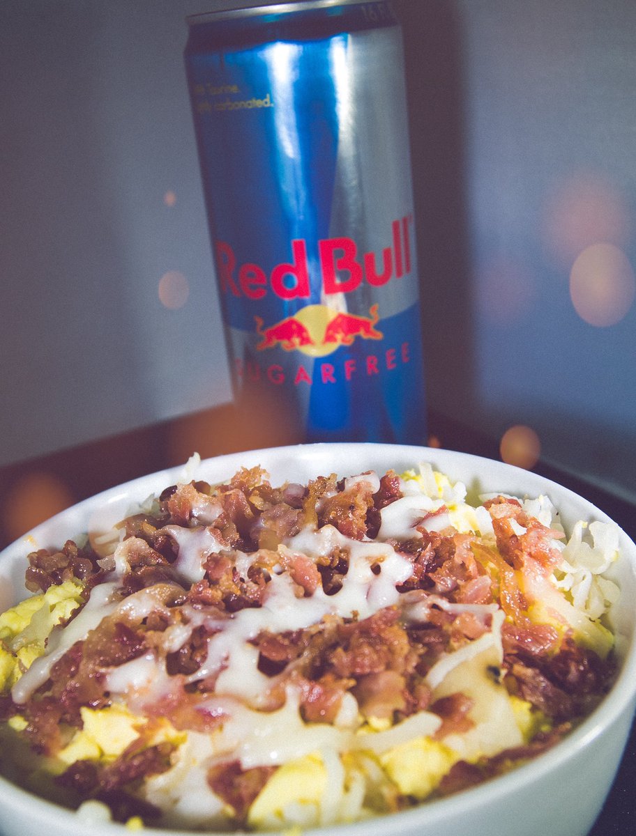 Grab any breakfast bowl + 12oz Red Bull for only $5.99!! All day everyday! 🍳 🥓 🧀