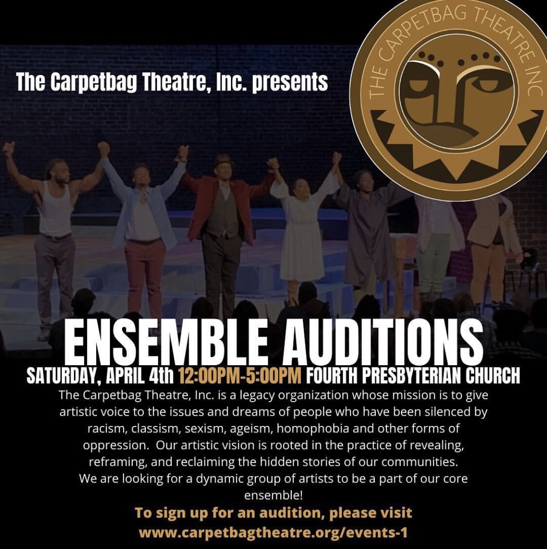 It’s not too late to sign up for auditions for our core ensemble!! Whether it’s your 1st attempt at performing or your 5000th, we want to see you there!! 
Click the link in our bio to sign up for your audition time slot today!! 
•
•
•
•
#carpetbagtheatre #carpetbagis50