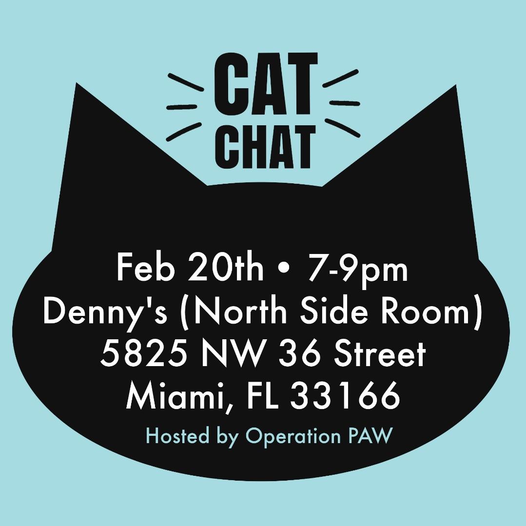 Hey #Miami!  Join us this evening for Cat Chat.

It's our monthly community meeting of cat lovers discussing how we can save more felines.  We've got lots to share!

See you there.