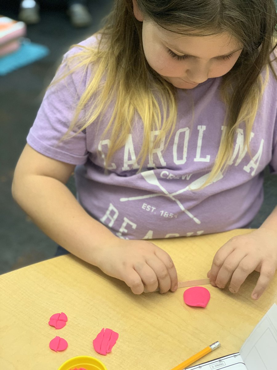 KCairrikier's tweet photo. When students have trouble understanding equal parts of a whole and what happens to the parts when the denominator increases, you break out the Play-Doh and create it! @RES_halexander @JenniferWarden5 #RESThinks https://t.co/JPR7SaI5k0