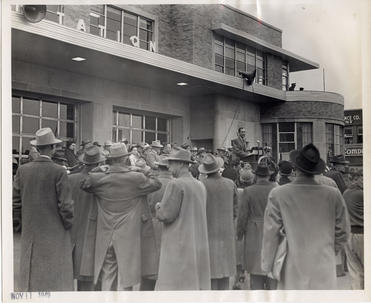 #TBT to this photo taken in 1949 at the dedication ceremony for the new Station No. 1. As you can see, many people came out to celebrate and show support for the LFD. 
Photo Credit: <a href="/CADL_LocalHist/">CADL Local History</a>