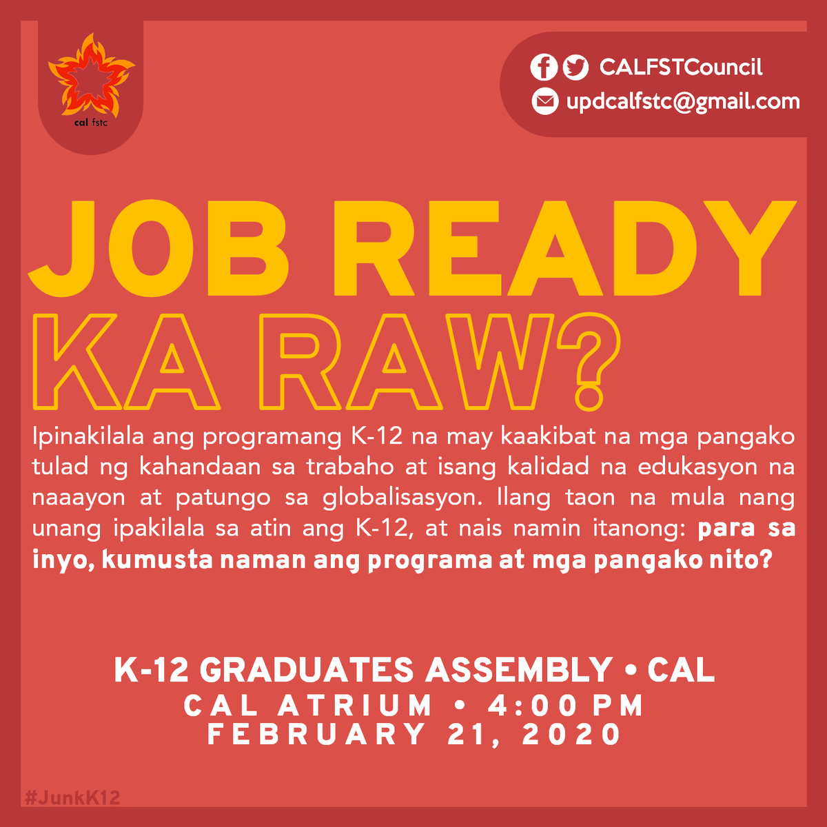 CALFSTCouncil's tweet photo. Ilang taon na mula nang unang ipakilala sa atin ang K-12, at nais namin itanong: para sa inyo, kumusta naman ang programa at mga pangako nito? https://t.co/FFz10TPO7j