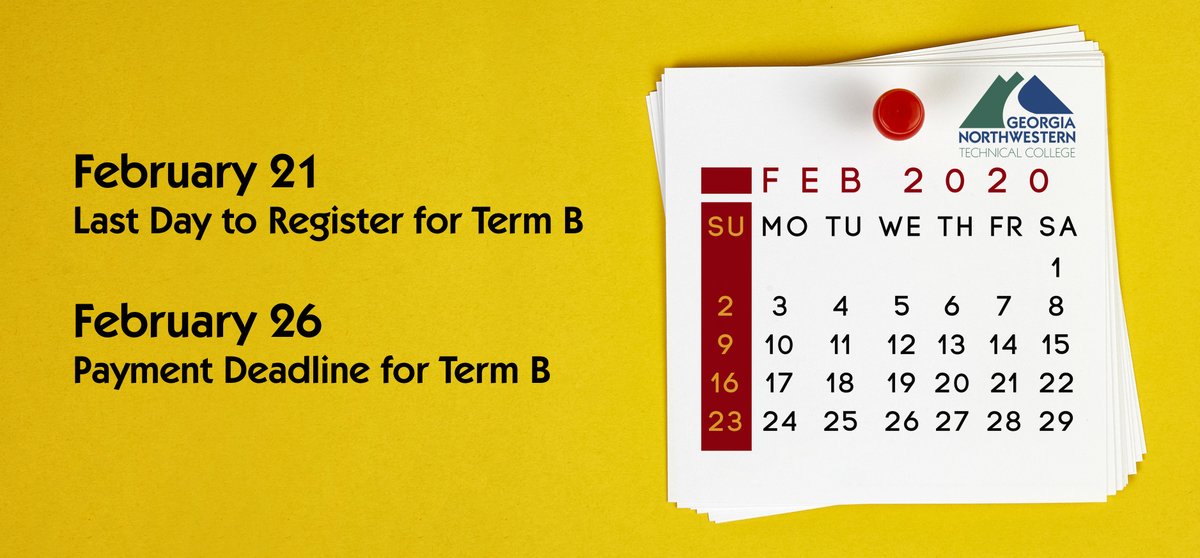 GeorgiaNTC's tweet photo. Tomorrow is the last day to register for Term B and payment is due next week! #GNTC #SpringSemester #TermB #2020Vision #GetTrainedGetHired #PaymentDeadline #RegistrationDeadline #WorkforceDevelopment #TechnicalEducation #TechEd 
https://t.co/xzFs5IDaLU https://t.co/fRtP9QeFGd