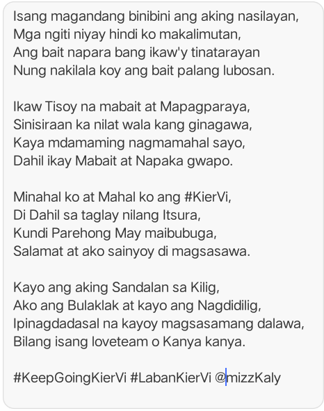TEAMVIVOREEcebu's tweet photo. Isang Magandang gabi po sa Lahat ito naman ang aking Tula. HEHE mabilisan.
#KeepGoingKierVi #LabanKierVi
(hope u like it Famcakes) https://t.co/qSDAj7lLuL