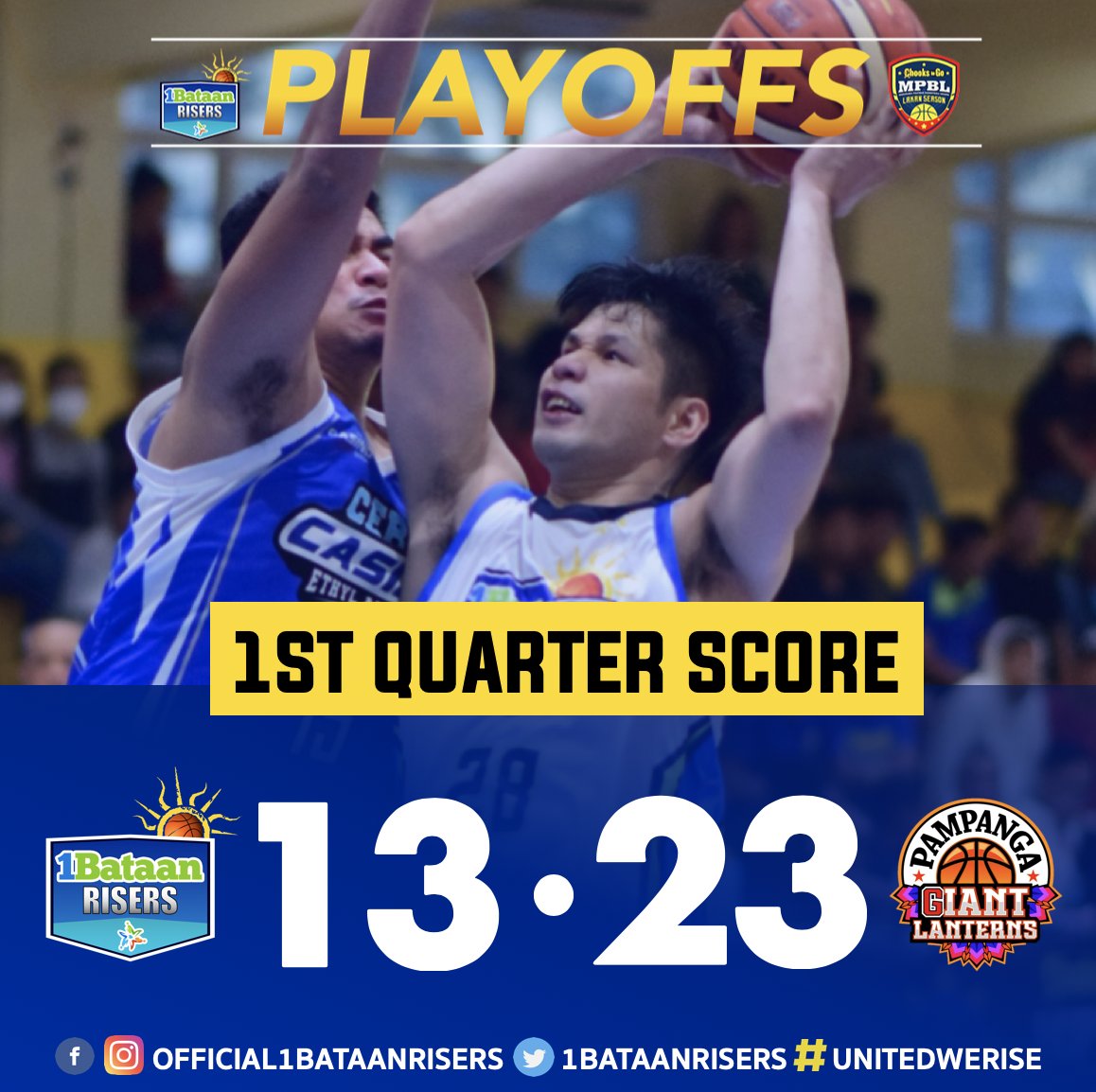 1st Quarter score: 13-23 for Pampanga. Laban lang Bataan! #1BATAANRISERS #UnitedWeRise #CamayaCoast #MPBLPlayoffs #NorthDivision #MPBL #LakanSeason3 #LigaNgBawatPilipino