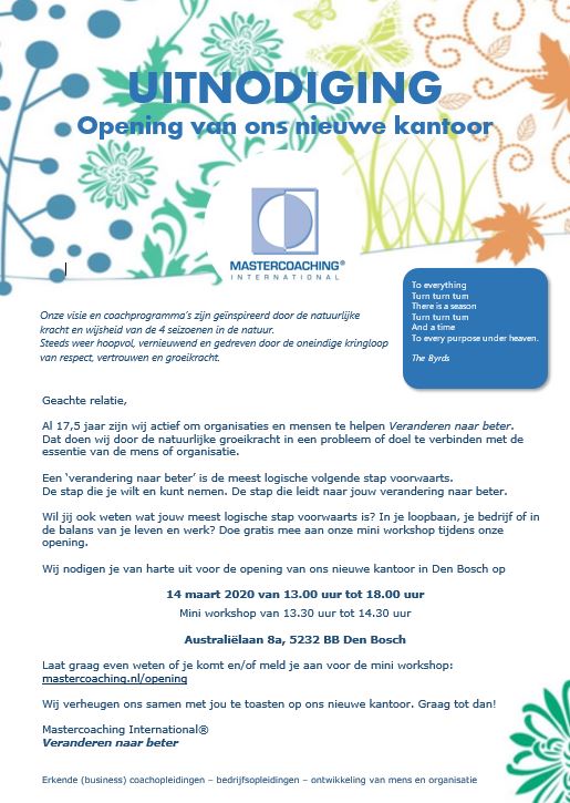 Mastercoaching's tweet image. Open Huis 14 maart! Doe mee aan de Gratis workshop en profiteer van onze openingsacties. Meld je aan via mastercoaching.nl/opening en start jouw verandering naar beter.