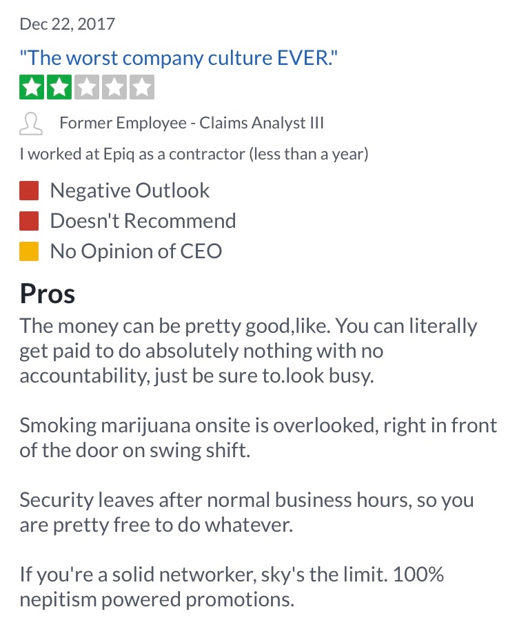 ExposingEpiq's tweet photo. Discrimination runs rampant.
#twostars #culture #discrimimation #glassdoor #epiqfail https://t.co/ce1RKPvINp
