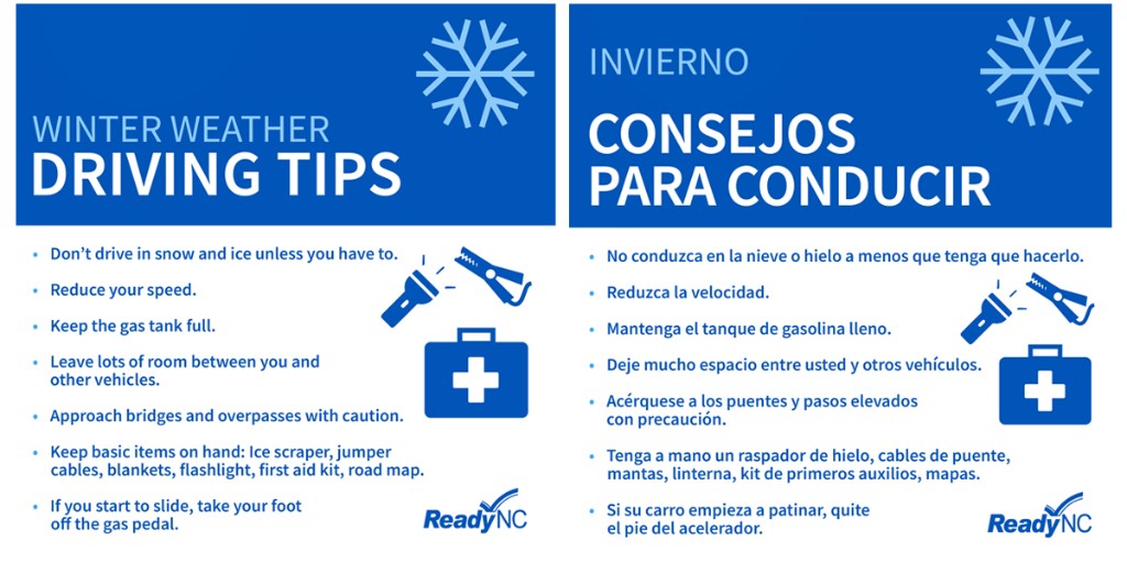Con #nieve en el pronóstico, tenga en cuenta estos consejos para conducir en clima invernal cuando esté fuera de casa en #Durham esta tarde, esta noche y mañana por la mañana. #NCWx
