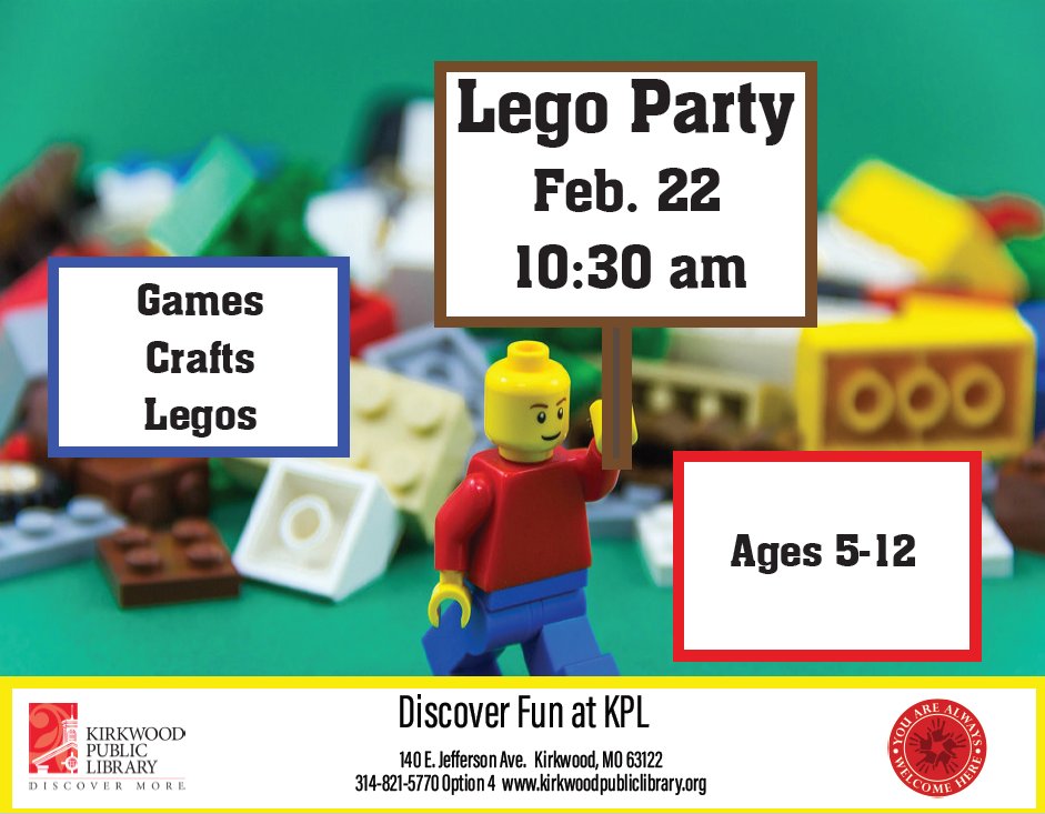 Calling all Master Builders! It's time for a Lego Party! Keep everything awesome with fun games, crafts, and of course, LEGOS! Ages 5-12. Saturday, Feb. 22nd at 10:30 a.m.
#DiscoverMoreatKPL #LegoParty #legos