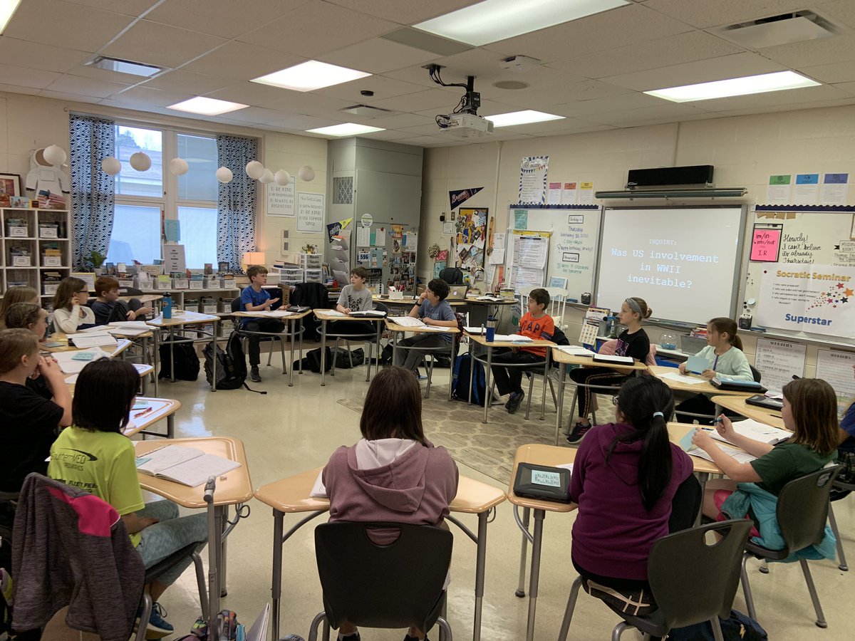 MrsLeitzsey's tweet photo. So proud of the conversation and conduct during our first Socratic Seminars! Today, we discussed the question: Was US involvement in WWII inevitable? Once we finished, the kiddos were begging to do more! 👏🏻👏🏻 @Midway_Mustangs #lex1socstudies @Lex1_Literacy https://t.co/rXq32gu526