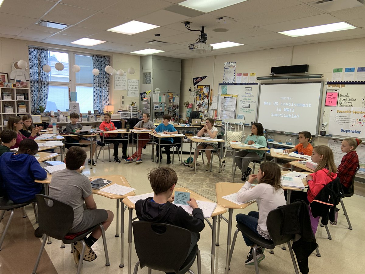 MrsLeitzsey's tweet photo. So proud of the conversation and conduct during our first Socratic Seminars! Today, we discussed the question: Was US involvement in WWII inevitable? Once we finished, the kiddos were begging to do more! 👏🏻👏🏻 @Midway_Mustangs #lex1socstudies @Lex1_Literacy https://t.co/rXq32gu526