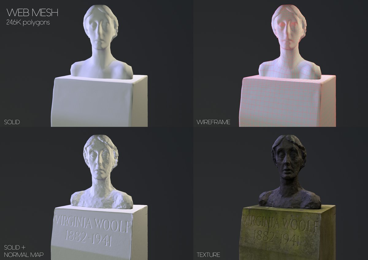 To prepare a #3D model for online viewing, we create a lighter file by retopologising the original model. We then project the normals into the new #3Dmodel to keep the level of detail the original mesh had. #photogrammetry #VirginiaWoolf