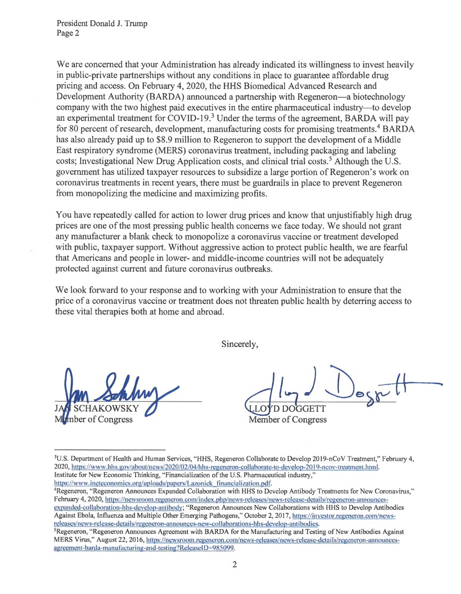 Jan Schakowsky (@janschakowsky) on Twitter photo Today I led 45 of my colleagues to demand that <a href="/realDonaldTrump/">Donald J. Trump</a> ensures any #coronavirus vaccine or treatment developed with U.S. taxpayer $ is accessible & affordable. That goal canāt be met if #BigPharma sets prices & determines distribution, putting profits over public health. Today I led 45 of my colleagues to demand that <a href="/realDonaldTrump/">Donald J. Trump</a> ensures any #coronavirus vaccine or treatment developed with U.S. taxpayer $ is accessible & affordable. That goal canāt be met if #BigPharma sets prices & determines distribution, putting profits over public health.