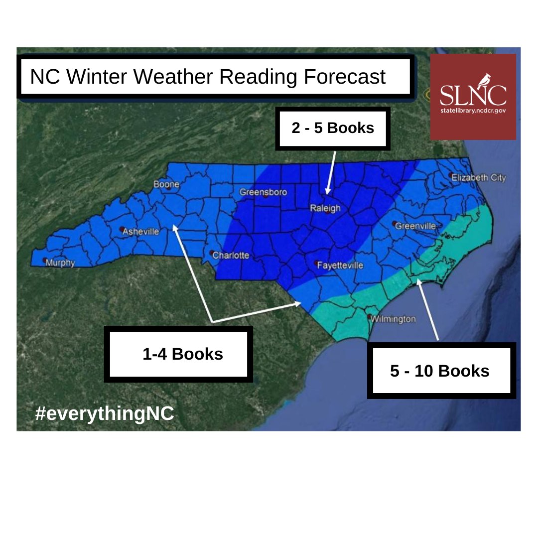 ForEverythingNC's tweet photo. The #everythingNC winter weather forecast is here! While everyone else is stocking up on bread & milk, we recommend you get your book stash together & hunker down. What's on your reading list? #ncwx https://t.co/1wrLqwou2s