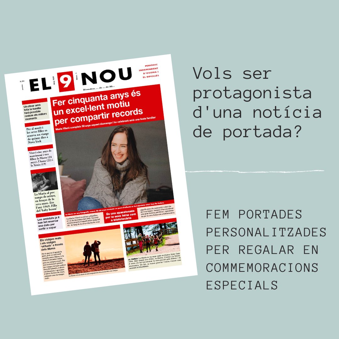 ctlcomunicacio's tweet image. Voleu ser protagonistes d’una notícia de portada?
Si celebreu un aniversari o alguna data rellevant de la vostra trajectòria personal o professional
Podem fer-vos una portada d’EL 9 NOU personalitzada per regalar
Truqueu-nos 📞 93 889 49 49 o envieu 📨 info@ctl.cat