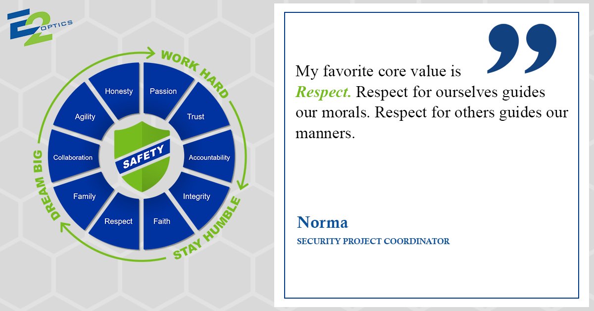 E2_Optics's tweet photo. Happy Core Value Thursday! E2 employee's tell us they joined #TeamE2 because of our Culture - check out Norma's favorite Core Value!
#teamE2 #e2optics #corevalues https://t.co/kz0cH8H0x7