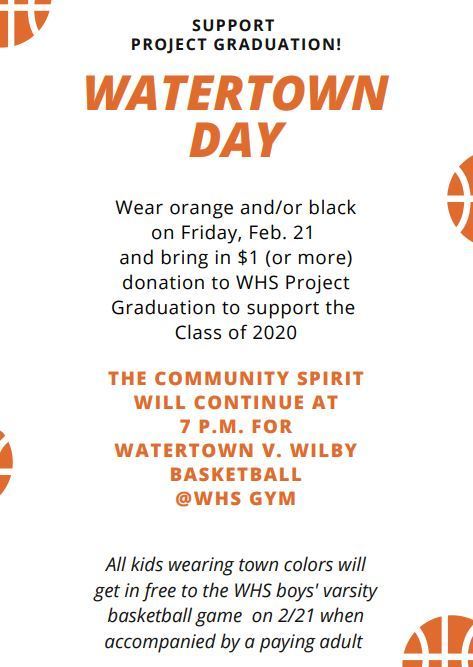 Watertown Families - Friday 2/21 Let's Get our Black and Orange on! Donations will go to support WHS Project Graduation! #whsprojectgrad #watertowncares <a href="/kscul62/">Kathy Scully</a> <a href="/PolkESPrincipal/">@PolkESPrincipal</a>