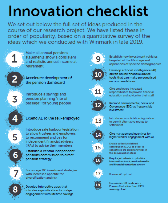 ESpensionlaw's tweet photo. Our innovation checklist brings together 18 ideas suggested during our #futureofpensions research with @winmarkglobal. Our survey participants chose changes to annual pensions statements as their top innovation - do you agree? Download the report: https://t.co/BOyaFPDiEC https://t.co/pSJYclWqZn