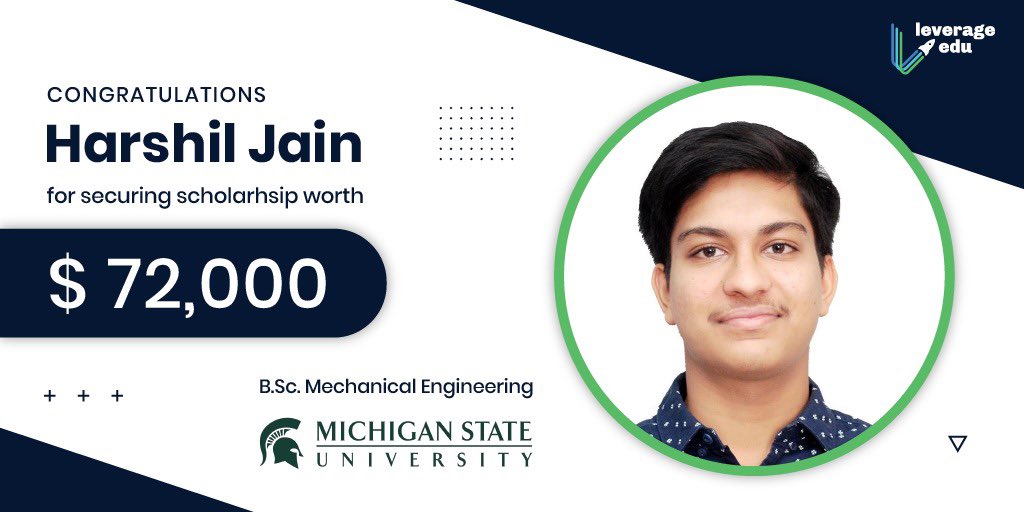 leverageedu's tweet image. Leverage Edu congratulates Harshil Jain for securing scholarship worth $72,000 for Bachelors of Science in Mechanical Engineering from Michigan State University.

We are extremely thrilled for Harshil’s journey ahead. 🚀 #leverageit