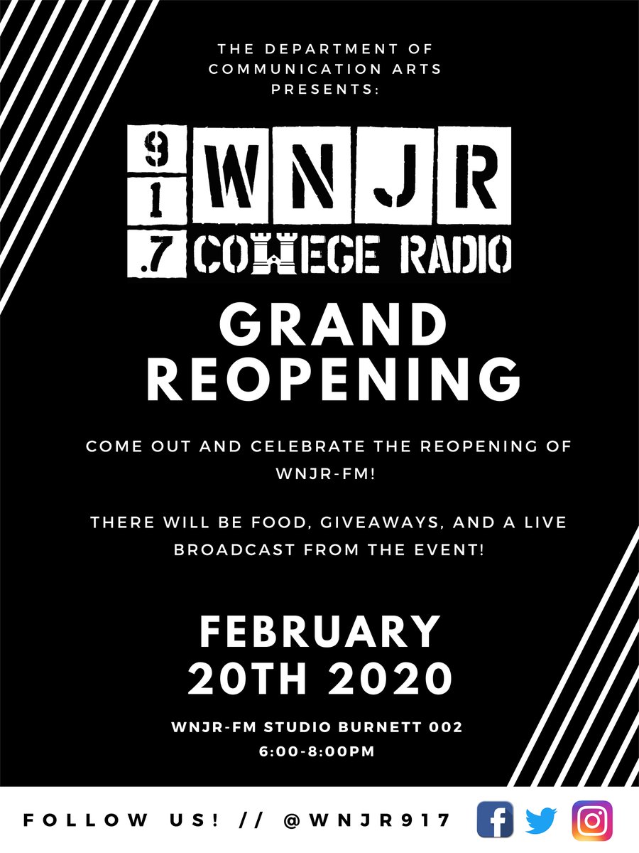 wjclarklibrary's tweet photo. This evening is the grand reopening of @WNJR917 To clarify our post from yesterday this event is for students and we encourage all students who are excited about the return of the @wjcollege radio station to attend! https://t.co/i7KWjHxJwi