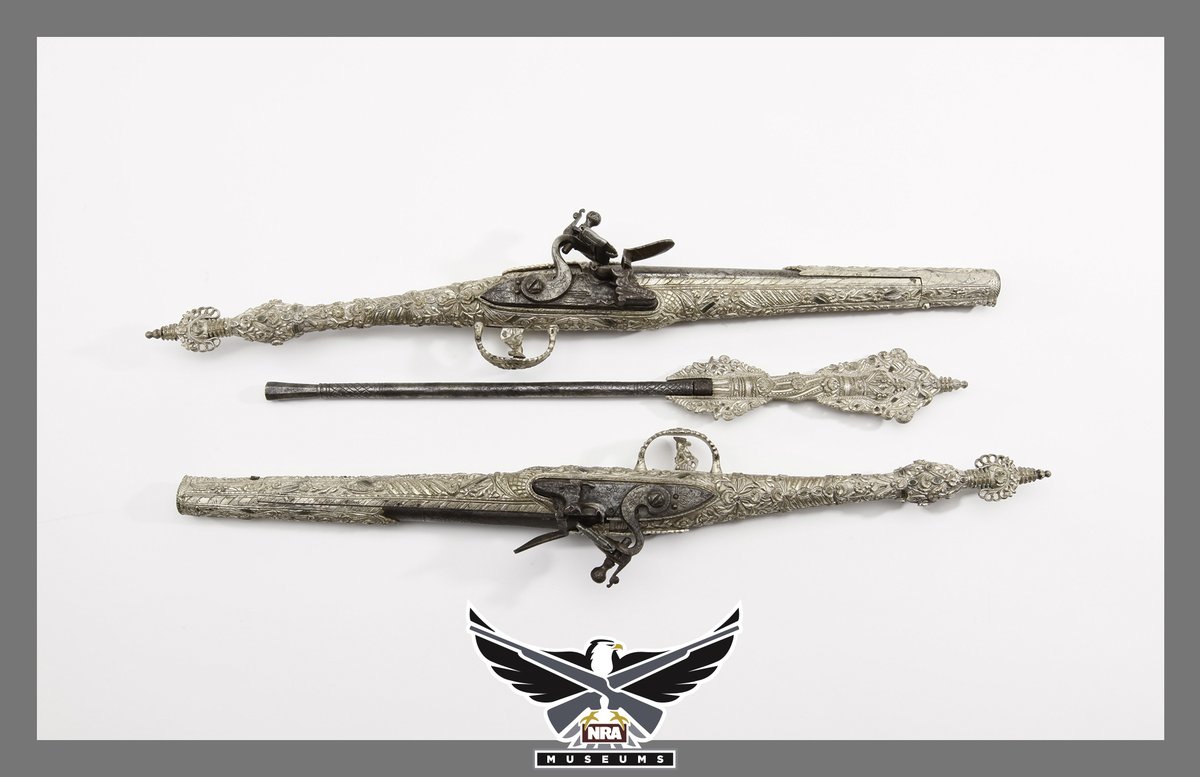#GOTD - Doubled in Silver: A Pair of Rat-Tail Pistols. Only iron and silver form the components of the two handguns, with the silver stocks rendered in delicate filigree, and accompanied by a matching silver-mounted ramrod/dagger. Possibly made for a Near Eastern potentate.