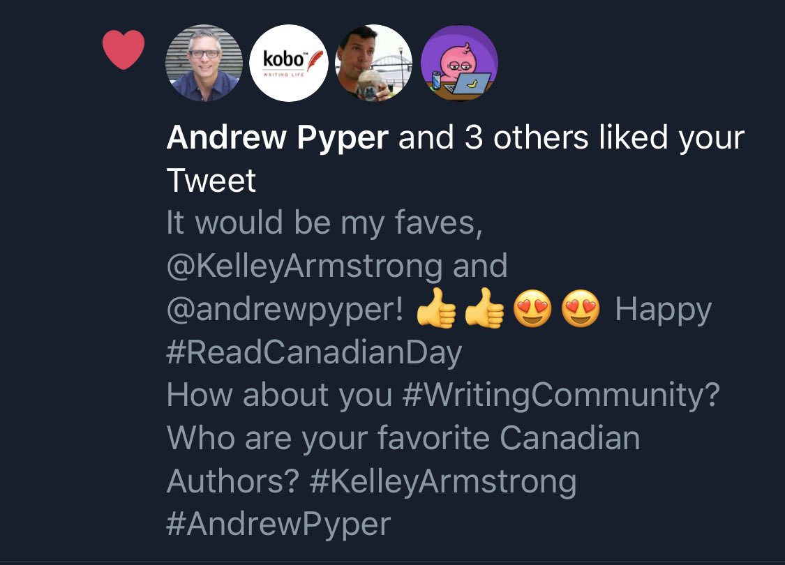 CJEdmunds1's tweet image. When a favorite author likes your tweet. Thanks @andrewpyper. Keep writing the way you do. Cheers! #AndrewPyper #ReadCanadianDay