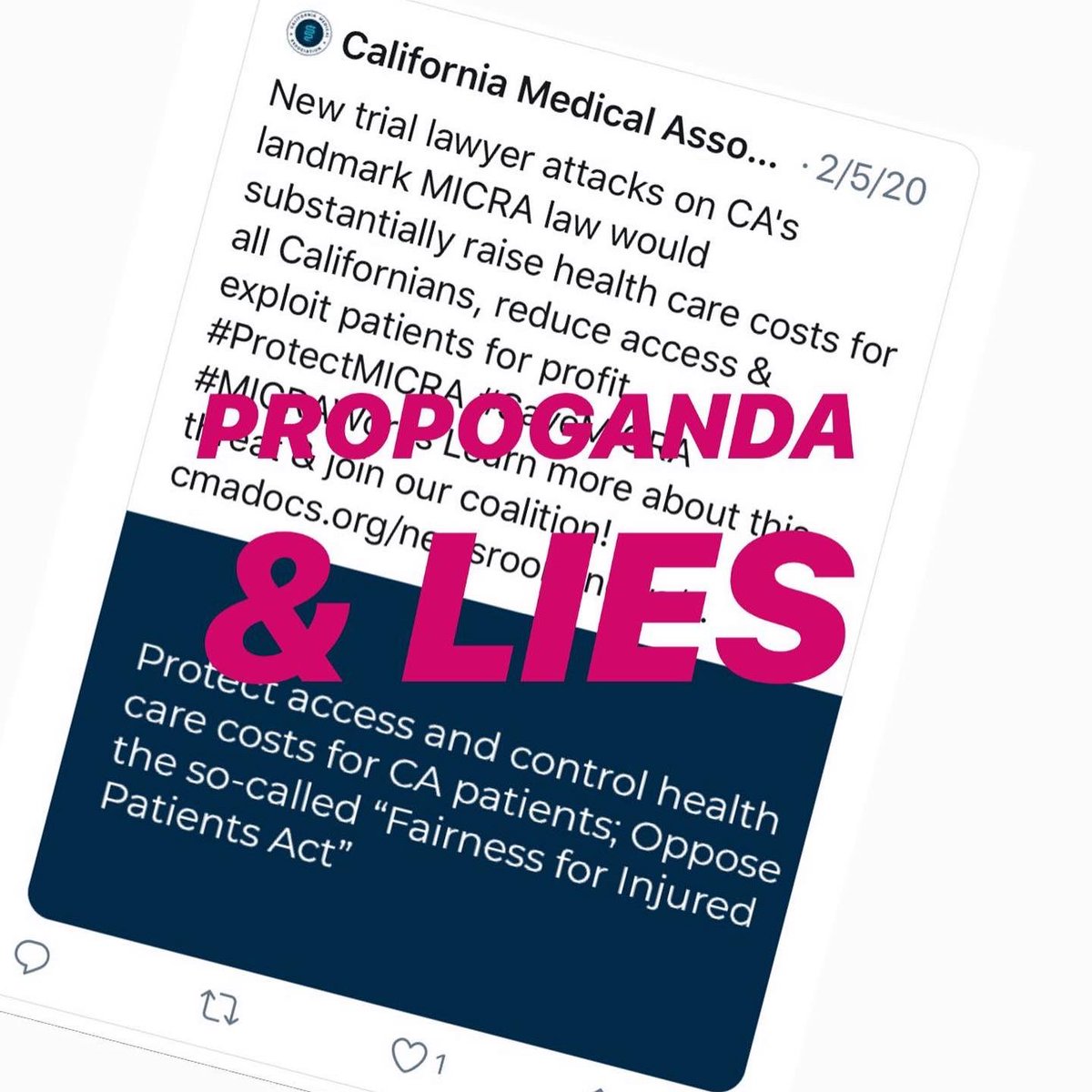 NicholasCRowl10's tweet photo. THE CALIFORNIA MEDICAL ASSOCIATION (CMA) DOES THE BIDDING OF THE BILLION DOLLAR INSURANCE COMPANIES AND HAS STARTED TO SPREAD ITS FALSE PROPAGANDA AND LIES TO OPPOSE THE FAIRNESS FOR INJURED PATIENTS ACT https://t.co/rEOe6rhIQ2