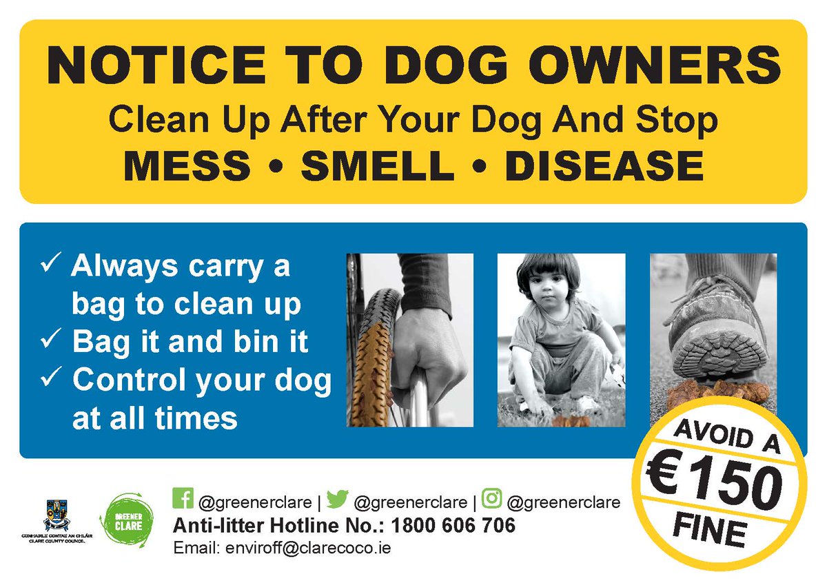 ClareCoCo's tweet photo. Our Enforcement Team are out and about today in #Ennis; #Crusheen; #Shannon; #Sixmilebridge, #Scariff and #Feakle encouraging the public to clean up after their dog and leave no #mess #smell and #disease
#AnyBag #AnyBin
@Greener Clare https://t.co/1hYVkHSYwr