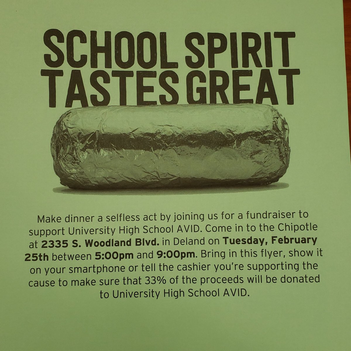 Are you ready for Taco Tuesday and dinner deliciousness? 

Join us! AVID Spirit Night @ new Chipotle in Deland. Tuesday, 2/25, from 5 to 9 PM. Show this flyer or let cashier know you are there supporting UHS AVID! <a href="/UHSTitans411/">Titans News NeTwork</a>
<a href="/UHSAVID/">UHS AVID</a>
<a href="/volusiaschools/">Volusia County Schools</a>