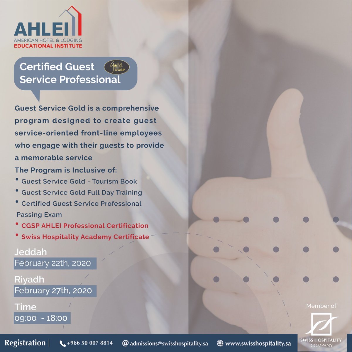 Register with us now and be one of the leading hospitality professionals obtaining the Certified Guest Service Certification renowned globally by the Hospitality and Tourism industry. 

Register: forms.gle/qMXggrUkAm1wc8…

#Jeddah #Almadinah #Riyadh #Tourism #Hospitality #Workshops