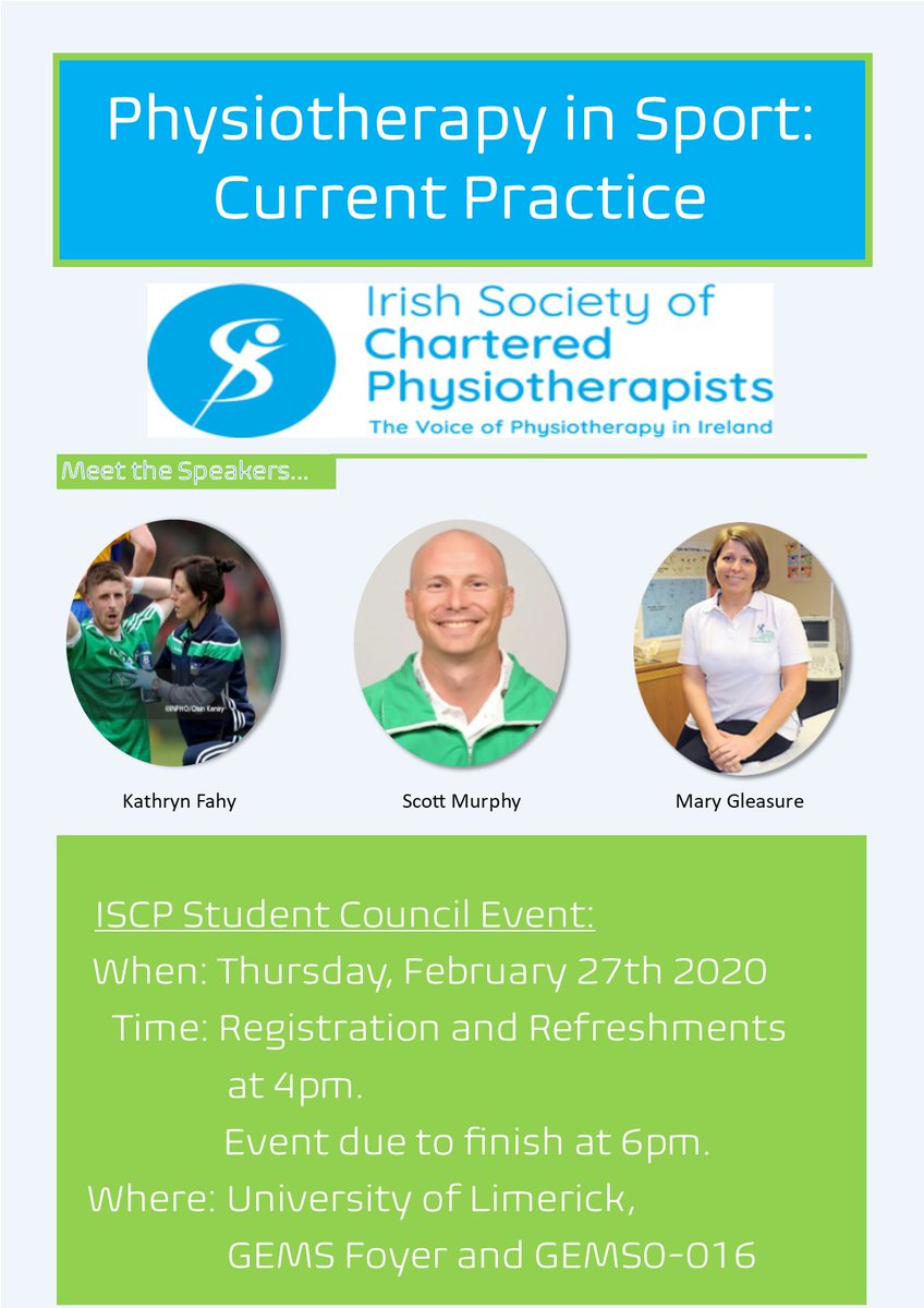 🚨Physio Students🚨 This brilliant ISCP Student Council event 'Physiotherapy in Sport: Current Practice' is taking place in @UL on Feb 27th. 3 great speakers with an excellent insight into the career path of physio in sports. Register for free at bit.ly/38IiVYs