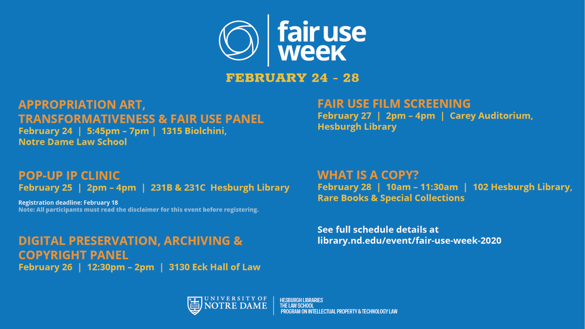 NDLaw's tweet photo. Next week is Fair Use Week! The Law School, @NDLawIP, and @NDLibraries will host five events, all centered around the concept of fair use in academic scholarship, art, and culture. Please join us! More info: https://t.co/XSC5zNttEq https://t.co/RdtYLGCJex
