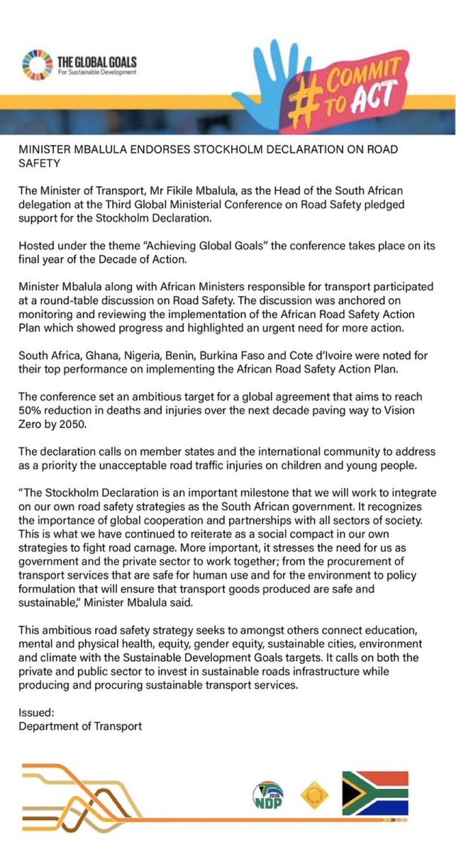 I ENDORSES STOCKHOLM DECLARATION ON ROAD SAFETY

The Minister of Transport, Mr Fikile Mbalula, as the Head of the South African delegation at the Third Global Ministerial Conference on Road Safety pledged support for the Stockholm Declaration. #RoadSafety2030