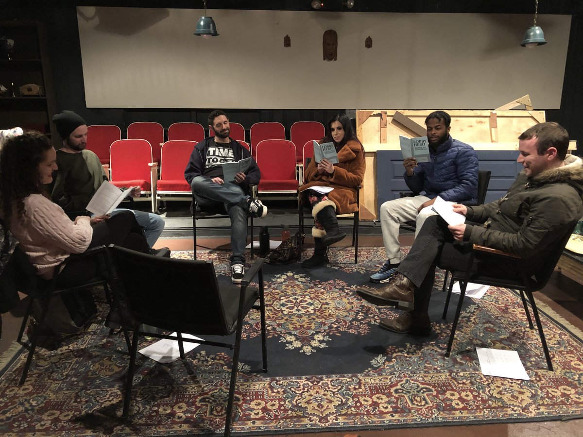 CircleNJ's tweet photo. Here's a behind-the-scenes peek into rehearsals for our next show, Lobby Hero, by Kenneth Lonergan. Our director, stage manager, and all four members of the cast are making their Circle Players mainstage debut! Do you recognize any of these faces? 
https://t.co/MwIoxS2v9y https://t.co/lZkNxnT8QM