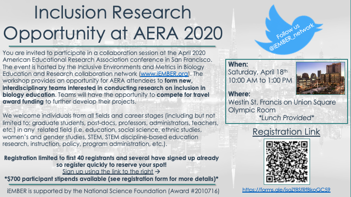 Tag and share: Join us at the 2020 American Educational Research Association conference in San Francisco this April to build a research team on inclusion in #biology ed. Travel funding available, esp for those who don’t normally attend <a href="/AERA_EdResearch/">AERA</a>.