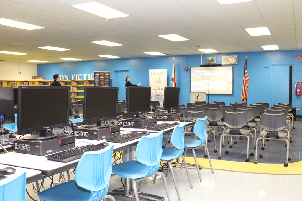 MDCPS's tweet photo. Unveiling the new innovation space @CitrusGroveMS, where students & staff can work in a collaborative environment designed to foster both independent and group exploration. Thank you @CFBPlayoff Host Committee & @CFPExtraYard for supporting public education. #MDCPSMSRedesign https://t.co/IfMttsm5vx