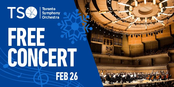 TorontoSymphony's tweet photo. Just announced—join us for a free surprise concert @roythomsonhall on Wed, Feb 26 at 12:30pm! This one-hour lunchtime performance is our way of giving back to the city we love, with energetic music by Vivaldi, Tchaikovsky, Bernstein &amp; more. Reserve now! https://t.co/xAqW8fKuw5 https://t.co/bbVKrjiHKv