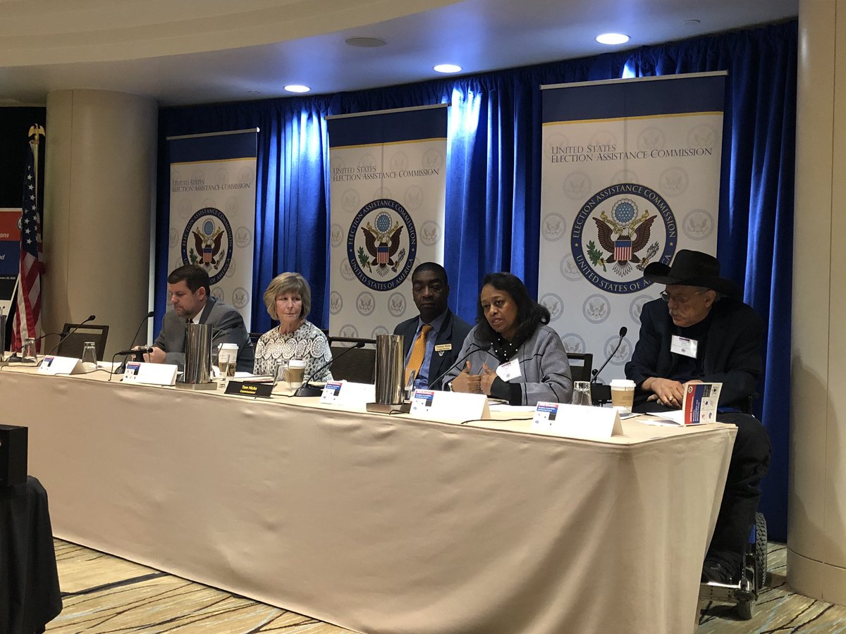 Panelists at the EAC Accessibility and Security Forum. L to R: Matt Masterson, Diane Golden, Commissioner Tom Hicks, Alice Miller, and Kelly Buckland.
