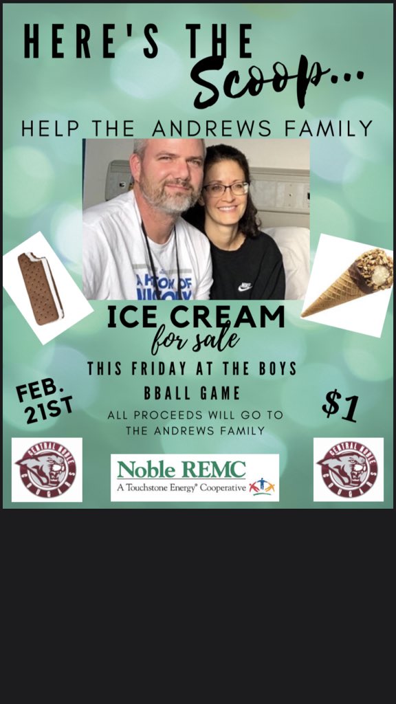 sambrumbaugh_'s tweet photo. Tomorrow night at the boys basketball game I will be having an ice cream sale for Tim Andrews. All money will go straight to the Andrews. During half time of the JV game and between quarters of the Varsity I will be sending people to collect money. Thanks! https://t.co/Q48hxlJ7K9