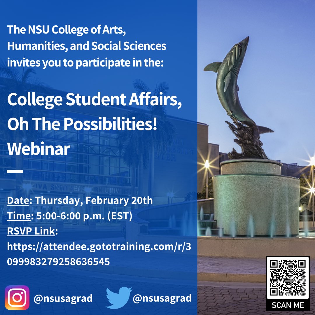 NSUsagrad's tweet photo. Webinar is TODAY beginning at 5:00 PM (EST)🎉 

Listen to why the field of student affairs is so important and the purpose of student affairs professionals. Also, hear from current graduate students in NSU’s College Student Affairs program!

RSVP Link:
https://t.co/KAv0fqBEIA https://t.co/WC95sVs9YW