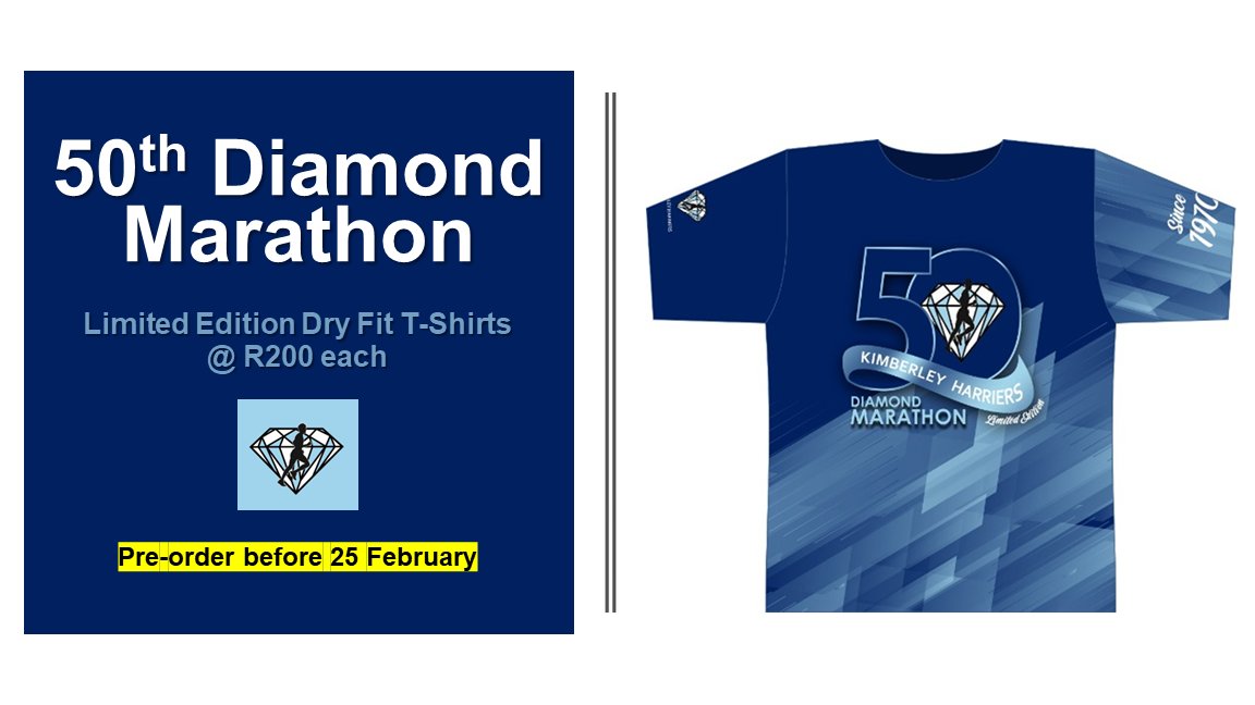 🚨 Get your 50th Diamond Marathon limited edition dry fit t-shirt @ R200 each. Only available if you pre-order before 25 February 2020. #DiamondMarathon 🎽🏃‍♂️ Buy your t-shirt & enter: bit.ly/39SqRpU