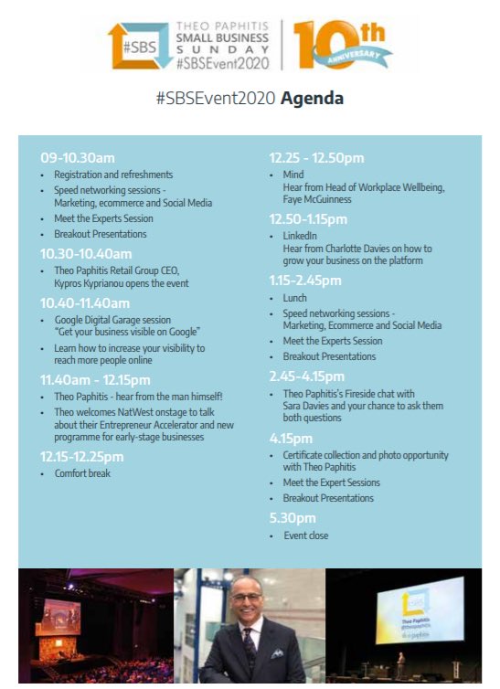 We think you’ll agree that the #SBSEvent2020 agenda is looking 🔥🔥🔥🔥🔥🔥🔥🔥🔥🔥🔥🔥🔥🔥🔥🔥🔥🔥🔥🔥🔥🔥

Taking place just one week tomorrow, on the 28th, in #Birmingham #sbs #smallbiz #SaraDavies #linkedin #mind #digitalgarage #natwestbusiness