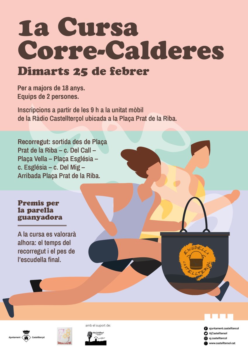 #Castellterçol organitza la 1a Cursa Corre-calderes de la història! ✌ Una cursa per parelles i carregant una olla plena d'escudella!🤣

✍Inscriu-te el mateix dia a partir de les 9 h!
📅dimarts 25 de febrer (Festa de l'Escudella)

✅ Vine a passar-t'ho d'allò més bé!😜