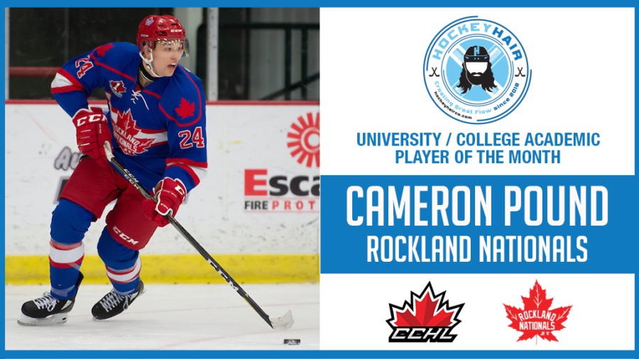 Release | <a href="/RocklandNatsJrA/">Rockland Nationals</a> D Cameron Pound has been named <a href="/hockeyhairco/">hockeyhairco</a> Academic University/College Player of the Month for January

📷 icelevel.com
Graphic | Mark Kelly

🗞 | thecchl.ca/release-camero…