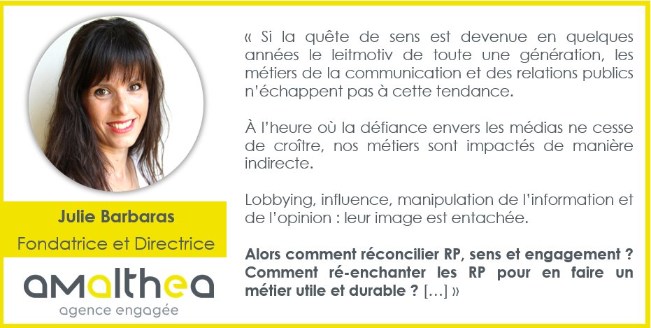 Amalthea_RP's tweet photo. "S’#engager pour redonner du sens aux #RP"
👉Découvrez la suite de la #TribuneLibre de @JulieBarbaras, Fondatrice & Directrice d’#AmaltheaRP, sur @Strategies. #PRMakeSense💪
https://t.co/LfaH8Vm55r https://t.co/XpdGlfrFYR