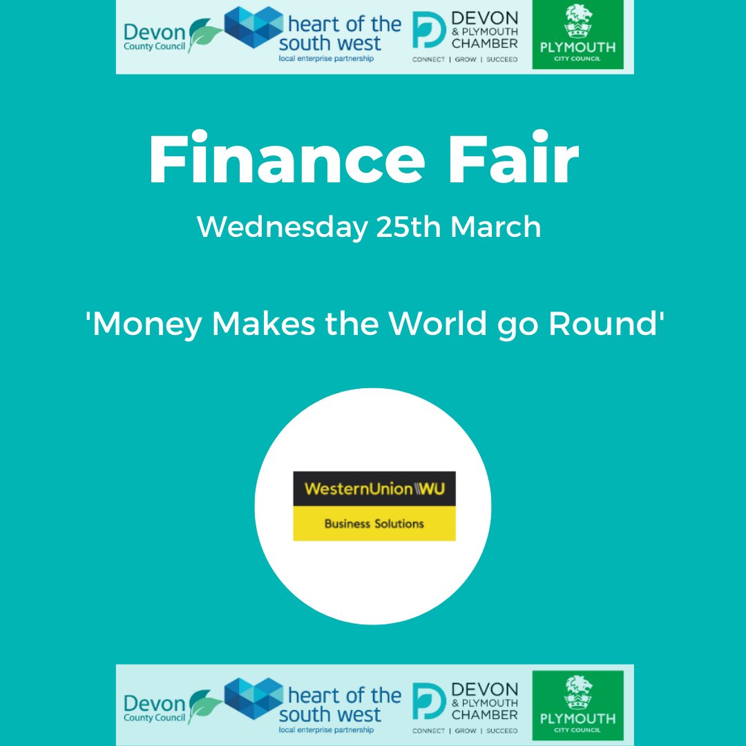 Chamber_Devon's tweet photo. Finance Fair - Our headline sponsor Western Union will be hosting a seminar on how money makes the world go round. If you are interested in hosting a seminar please contact us or visit https://t.co/ERiCcGWYRN to find out more. #financefair #westernunion #sponsor https://t.co/wc9j6wVh5i