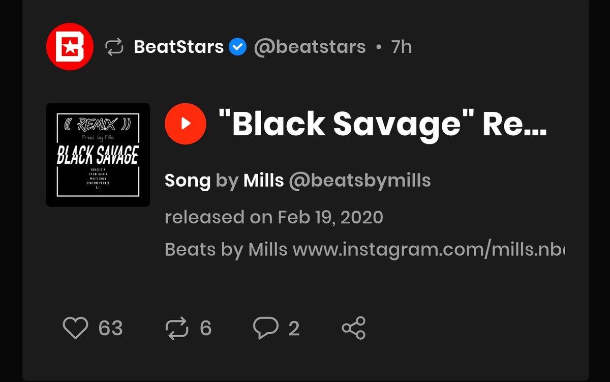 MillsIsOfficial's tweet photo. Shout out to @BeatStars for reposting my "Black Savage" remix 💯💯
Hit 700 plays over night 👌
Also woke up to a flood of notifications lmao https://t.co/fTDipPdmyv
